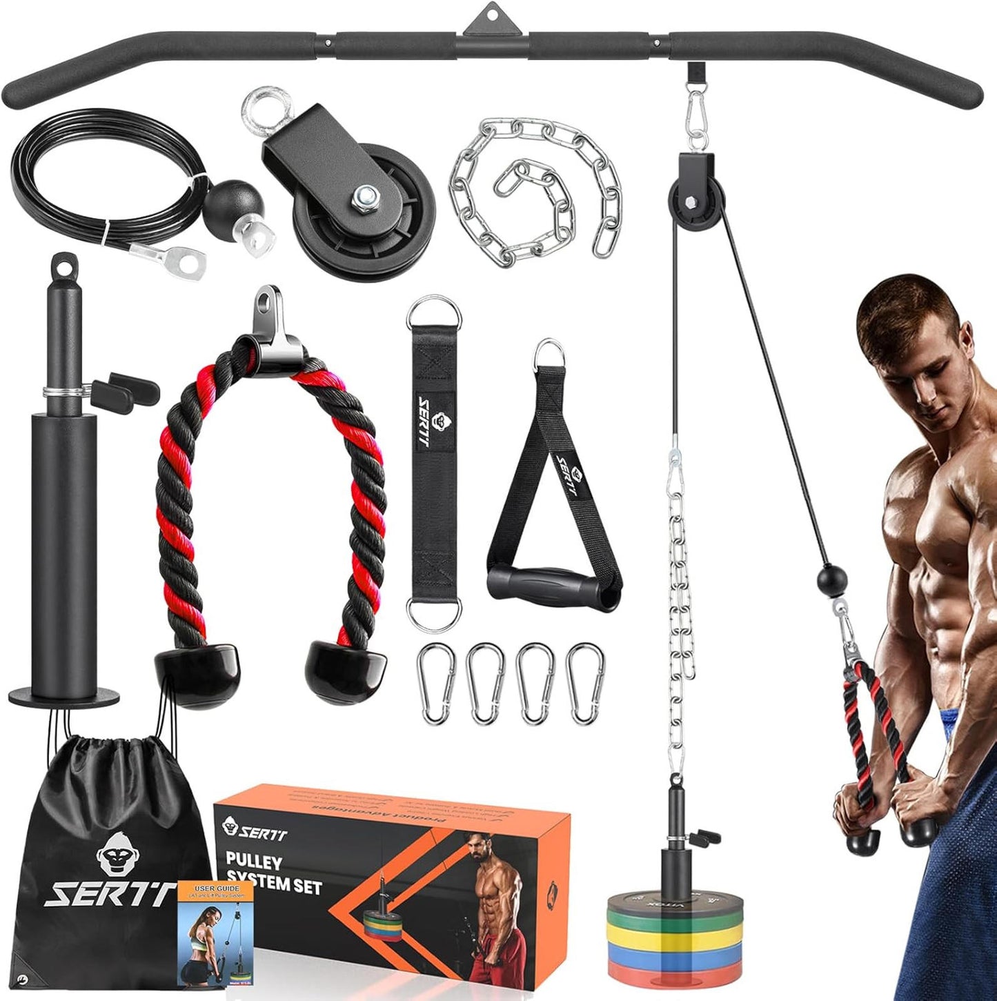 Cable Pulley System Gym LAT Pulldown 2-in-1 Bar Triceps Biceps Back Shoulder