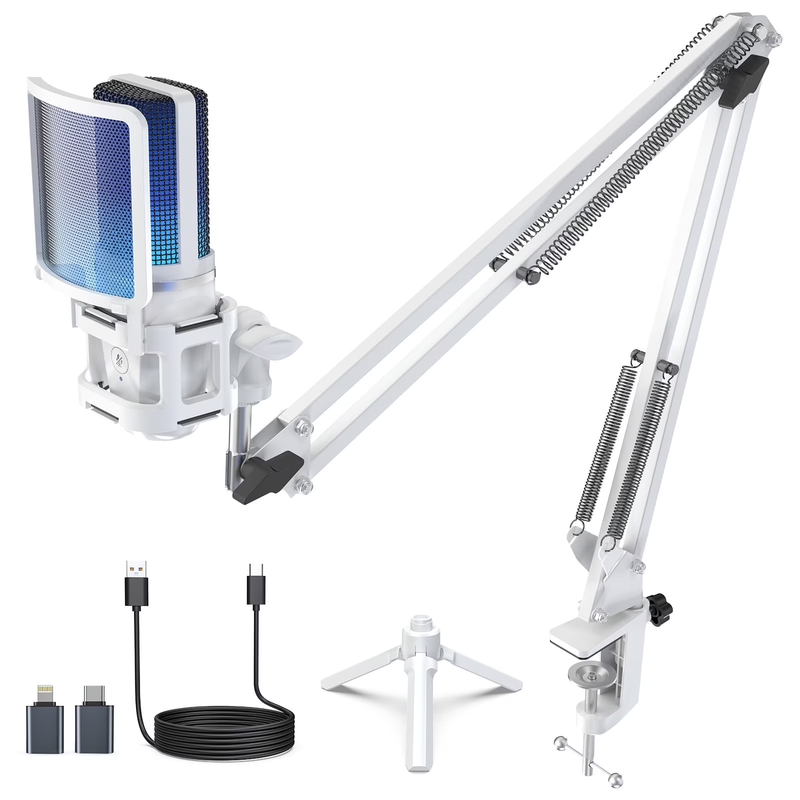 USB Condenser Microphone RGB Mute Boom Arm Pop Filter Shock Mount Plug Play10