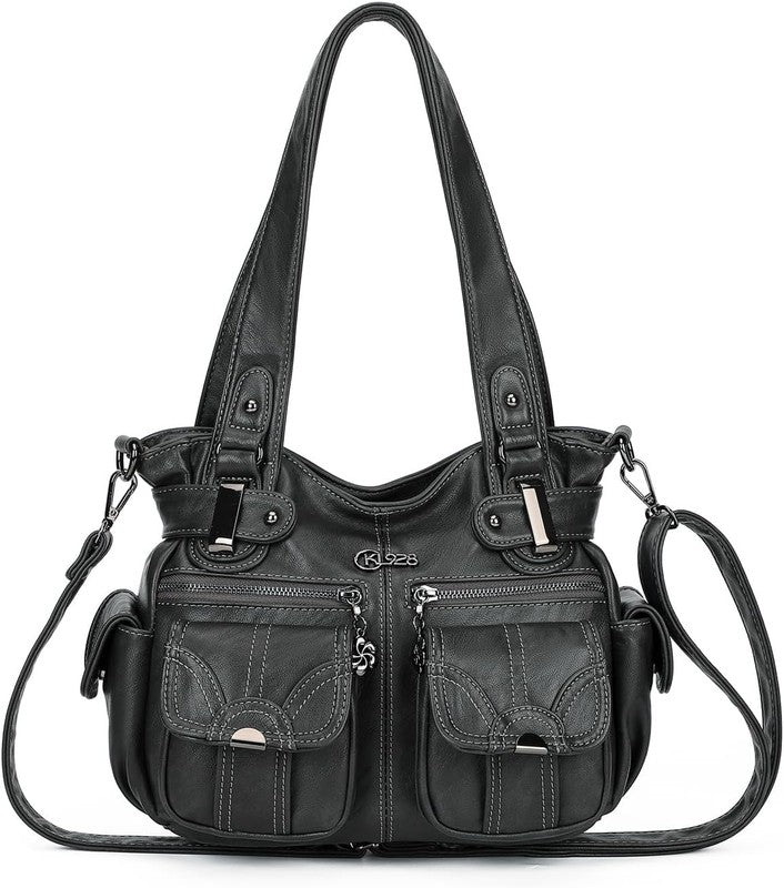 Women's Large PU Leather Hobo Tote Multi Pocket Shoulder Bag1