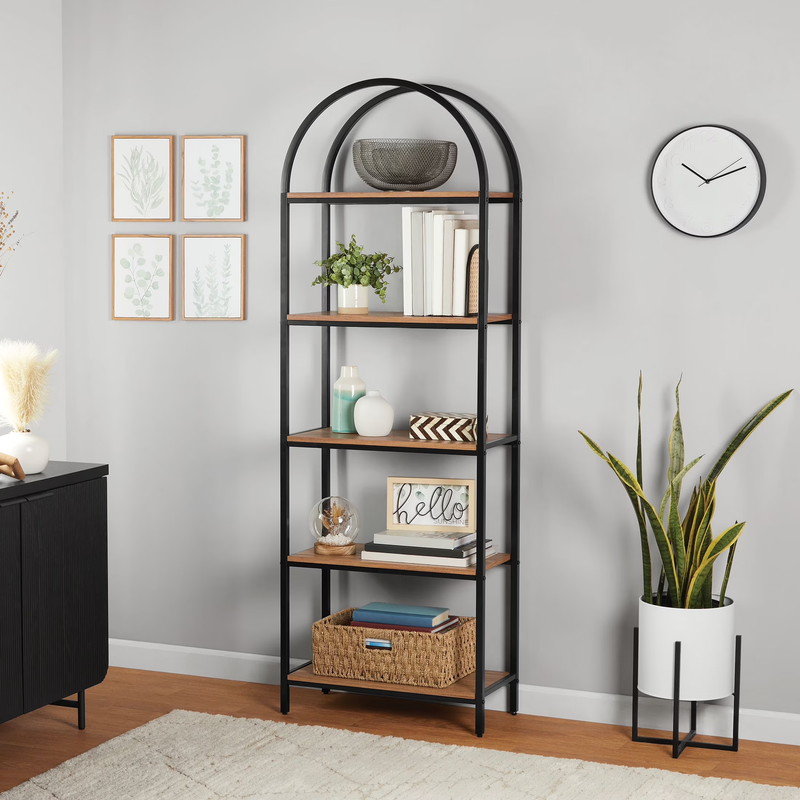 5-Shelf Metal and Wood Arch Open Bookcase10