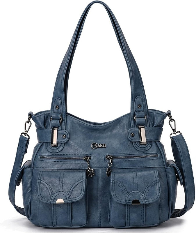 Women's Large PU Leather Hobo Tote Multi Pocket Shoulder Bag1