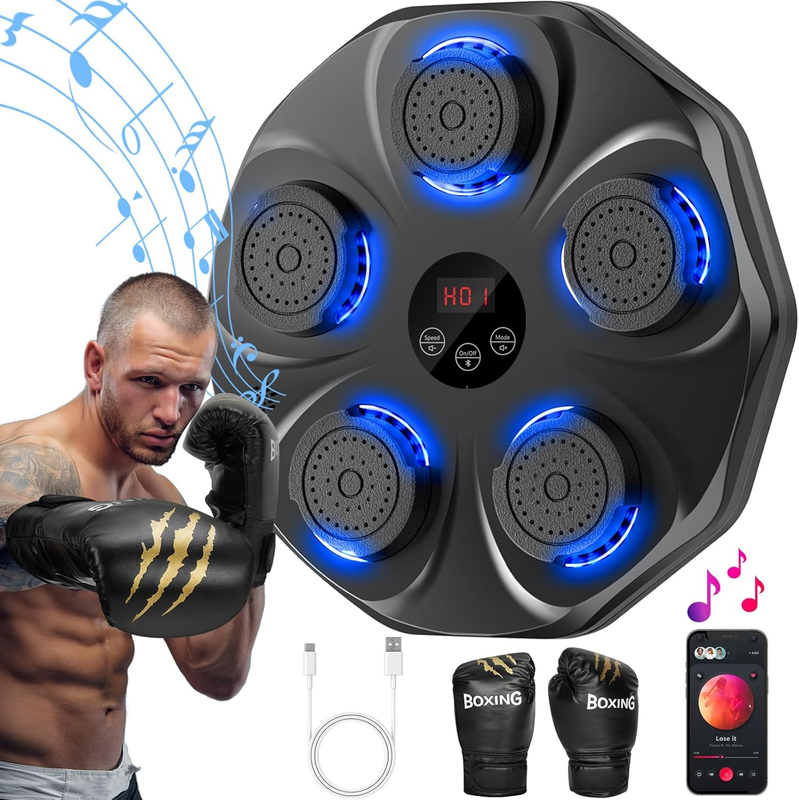 Music Boxing Machine Wall Mount Punch Trainer w Gloves 9 Modes 9 Speeds10