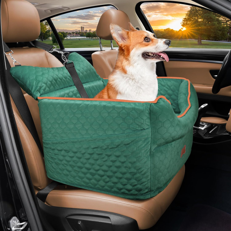 Dog Car Seat Memory Foam Small Dogs up to 25lbs w/ Pockets & Seat Belt Green10