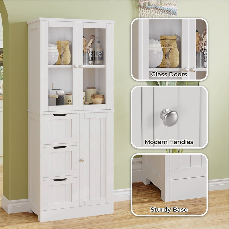 Bathroom Storage Cabinet Wooden W/ 4 Drawers & 3 Doors Glass Doors, MDF Freestan11