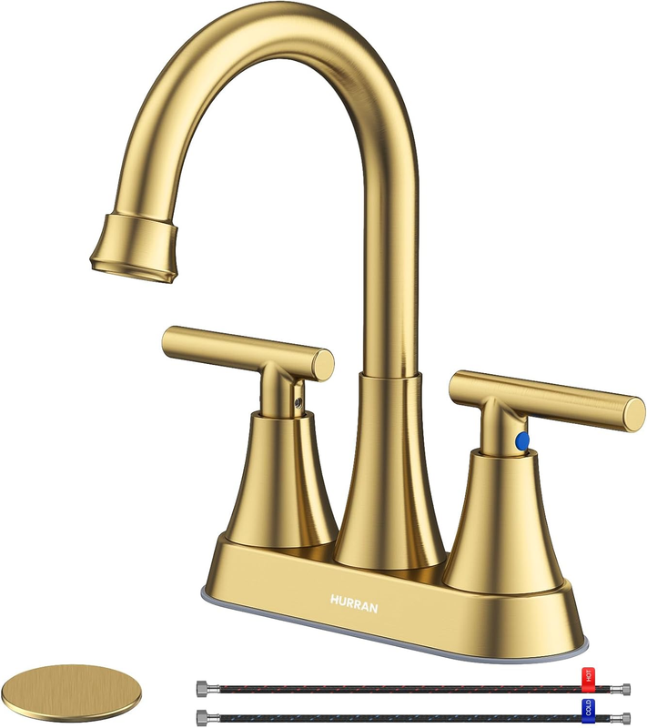Brushed Gold Bathroom Sink Faucet 4" Centerset w/ Drain & Supply Hoses10