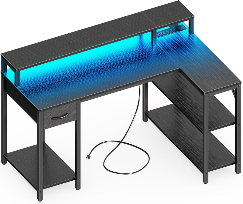 47'' L Shaped Gaming Desk LED Lights Power Outlets Reversible Black10