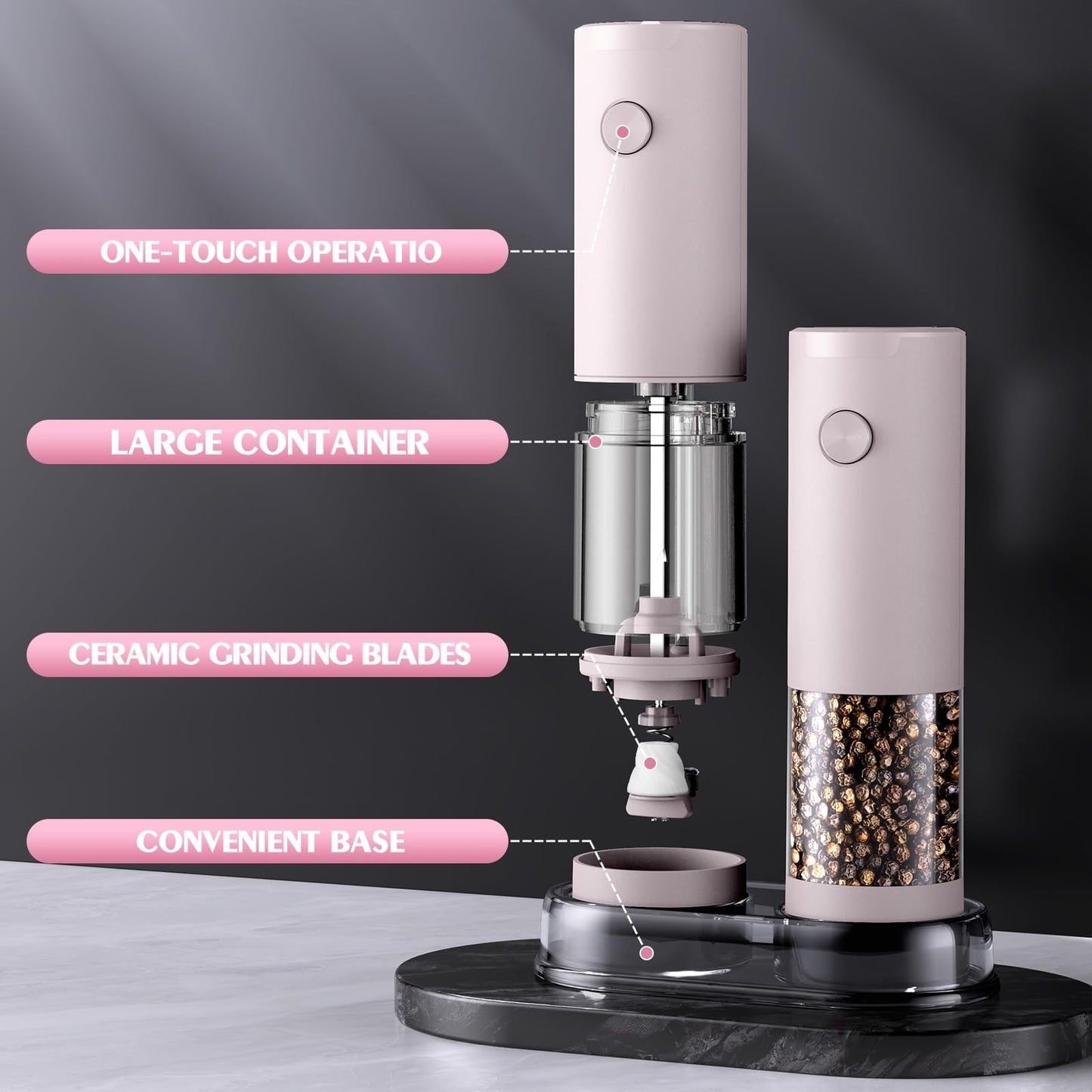 Automatic Salt and Pepper Grinder Set Large Capacity, Pink Perfect Housewarm6
