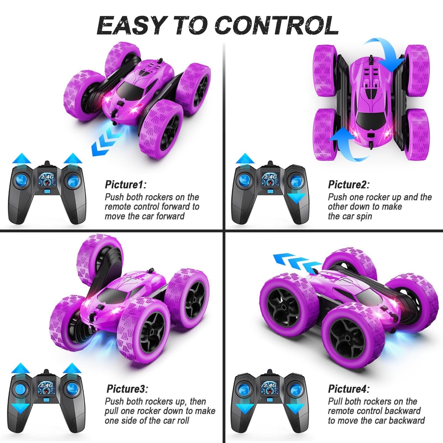 Purple Remote Control Car for Girls 2.4GHz Double Sided Stunt Crawler, 360° Ro4