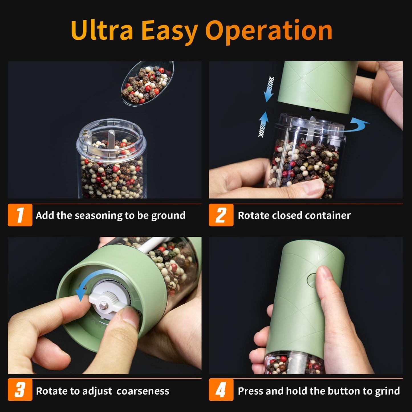 2 Pack USB Rechargeable Electric Salt & Pepper Grinders with LED Light, Adjustab6