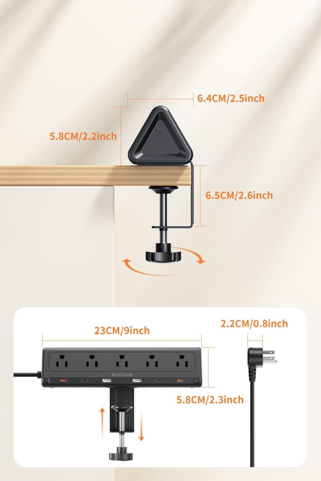 6.5FT Desk Clamp Power Strip, 5 AC Outlets, 6 USB Ports, PD 40W Fast Charging, B7