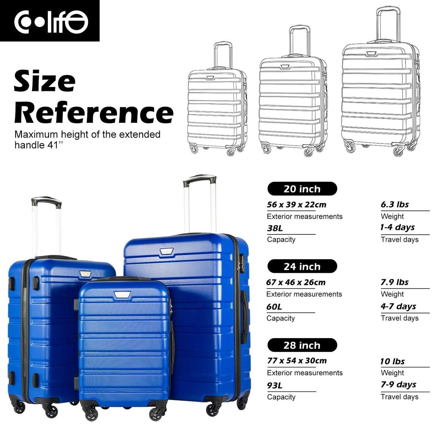 Lightweight Durable Hardshell Luggage Set, 3-Piece Suitcase with 360° Spinner Wh6