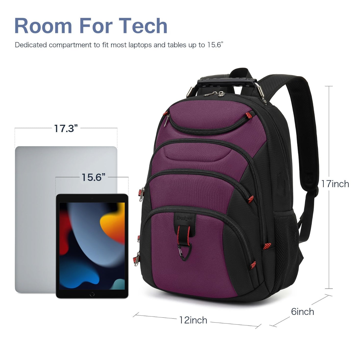15.6" Waterproof Laptop Backpack with USB Port, Anti Theft Travel Bag, Purple/Bl4