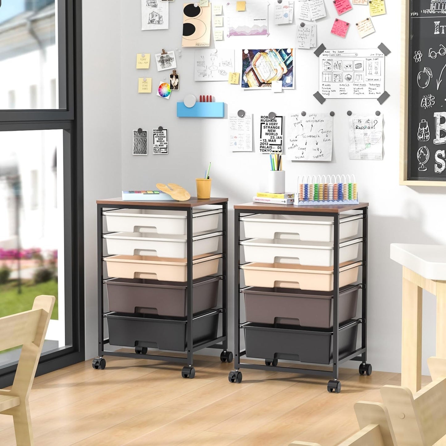 5 Drawer Utility Cart with Wooden Top & Lockable Wheels Rolling Craft Trolley8