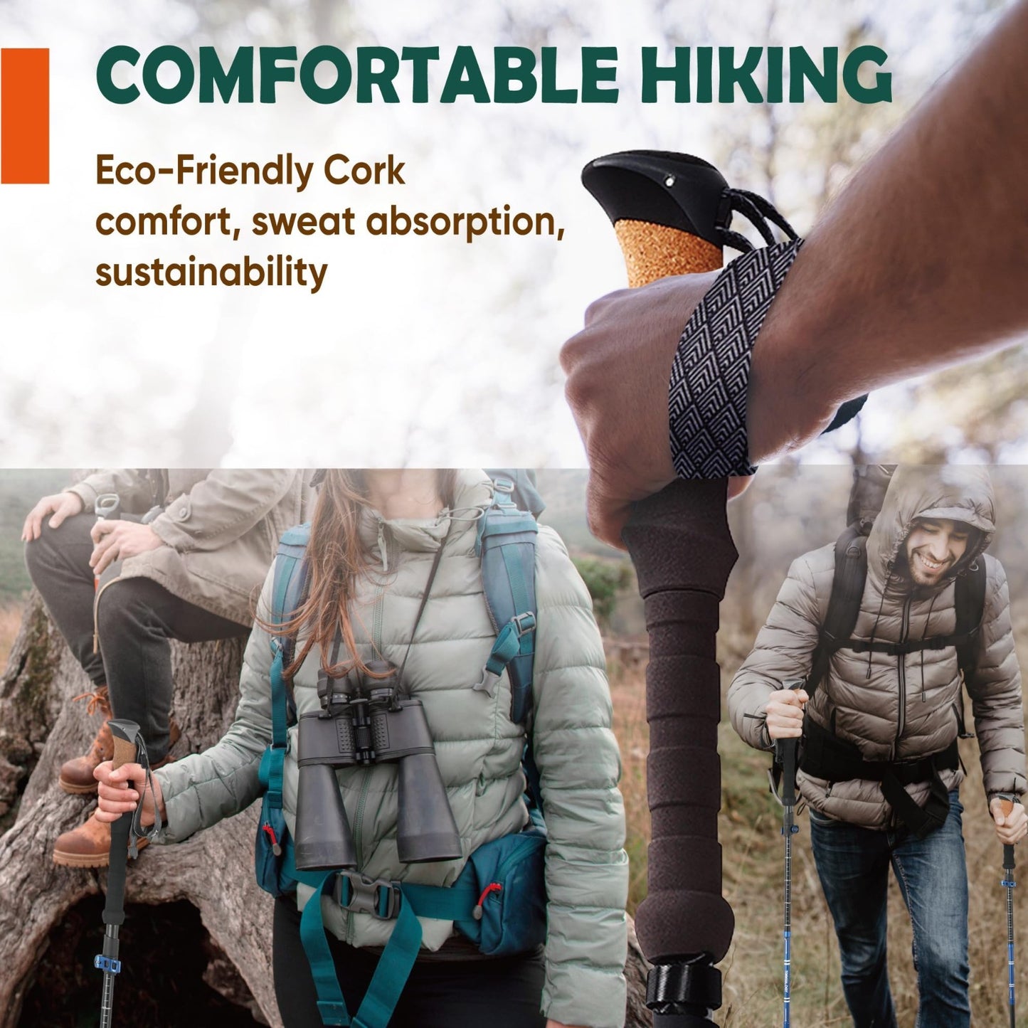 Lightweight Adjustable Trekking Poles with Cork Grip - Compact Hiking Sticks for6