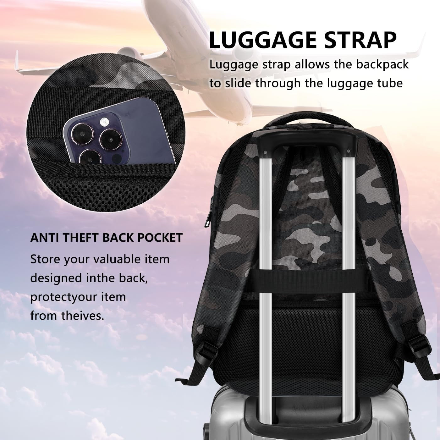 Anti Theft Laptop Backpack 15.6" Travel, School, Work, Camo BookBag for Teens6