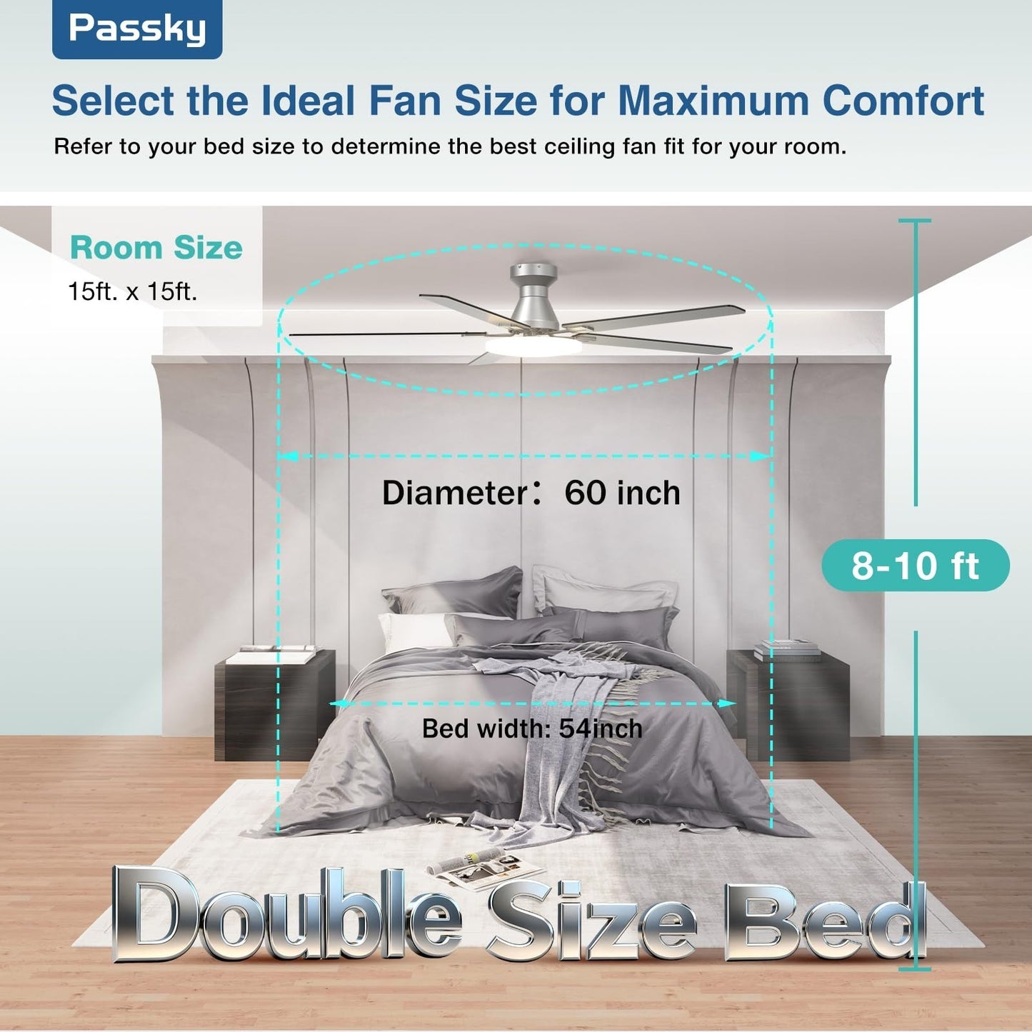 60" Silver Low Profile Ceiling Fan with Lights & Remote | Dimmable, Quiet DC Mot6