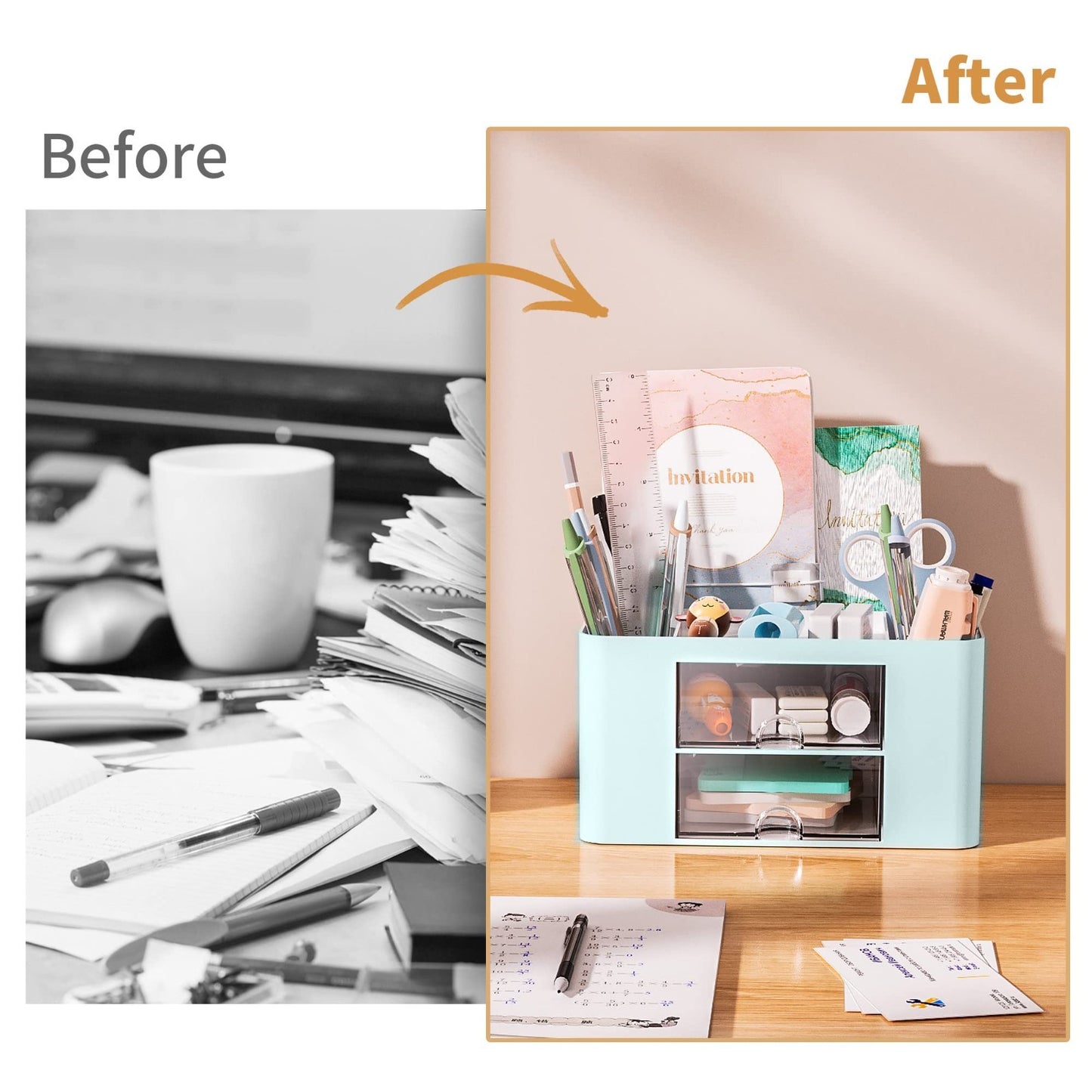 Multi Functional Desk Organizer with 2 Drawers, 5 Compartments, Pencil Holder, B6