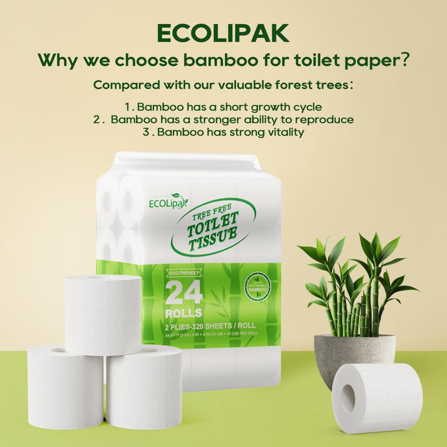 Eco Friendly Bamboo Toilet Paper 24 Double Rolls, 2 Ply, Soft & Absorbent, Sep7