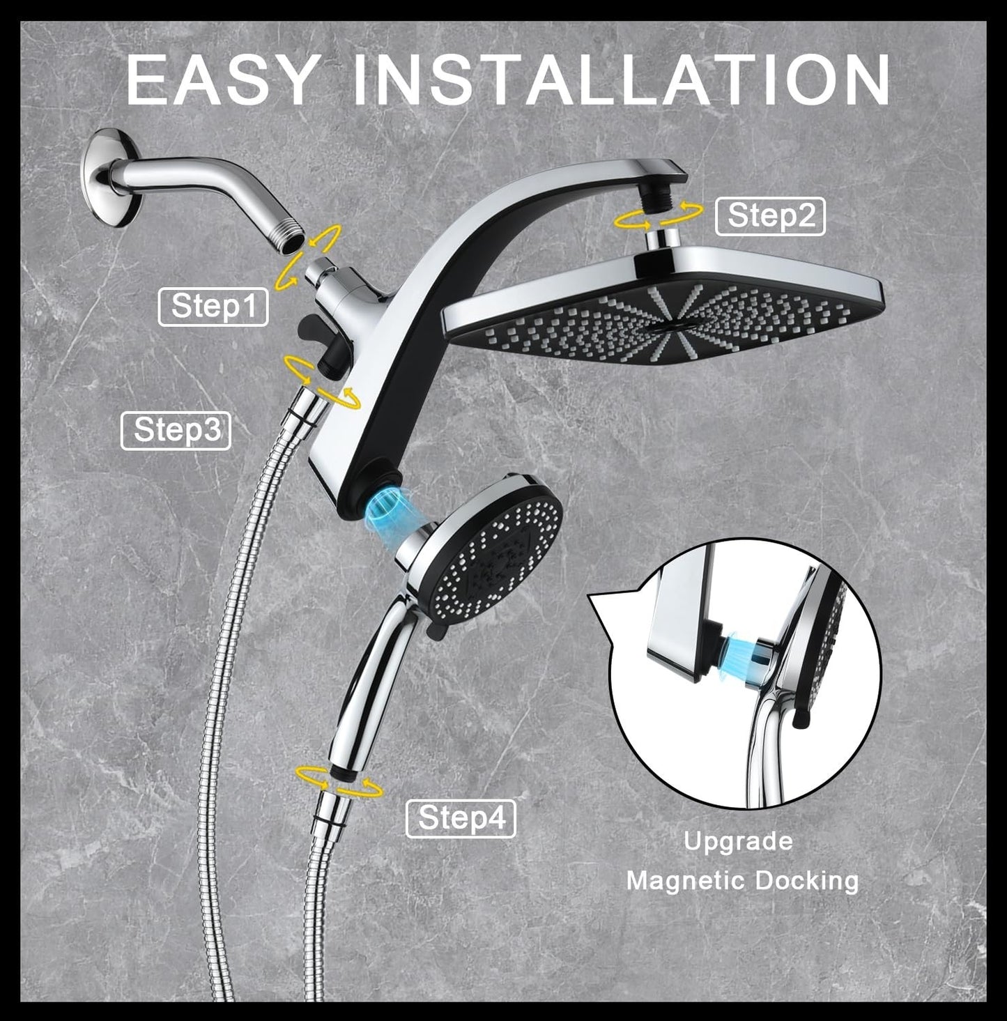 12" High Pressure Rain Shower Head & Handheld Combo, 9 Spray Settings, Chrome7