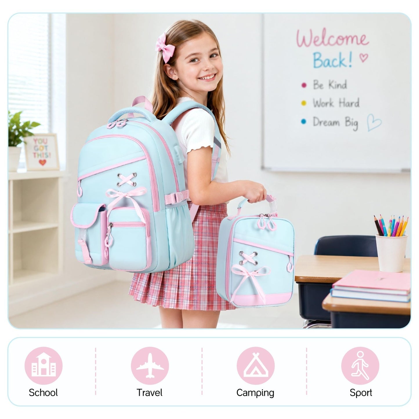 3PCS Girls School Backpack Set with Lunch Box & Pencil Pouch Stylish & Durable6