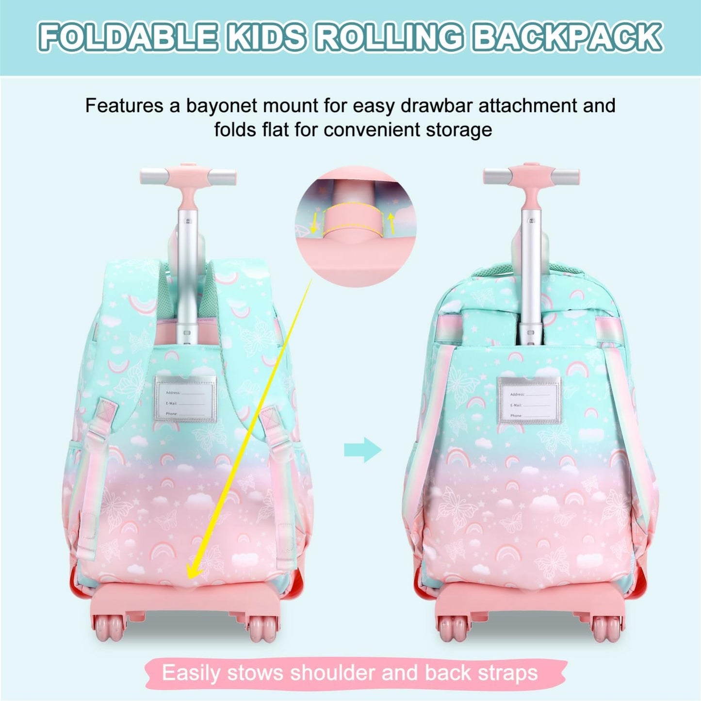 Rainbow Butterfly Rolling Backpack Set for Girls with Lunch Box 3PCS (Green Pi7