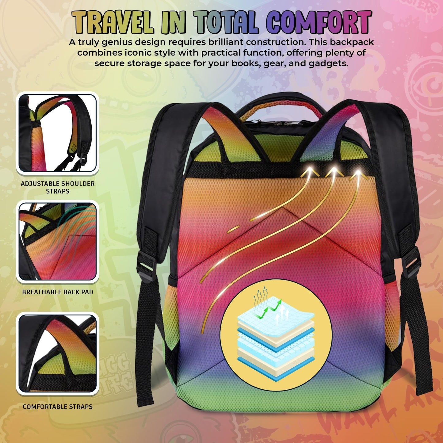 Fuggler Big Face Oogah Boogah Backpack, Rainbow Gradient, 16" Kids Bag, 3 Pocket6
