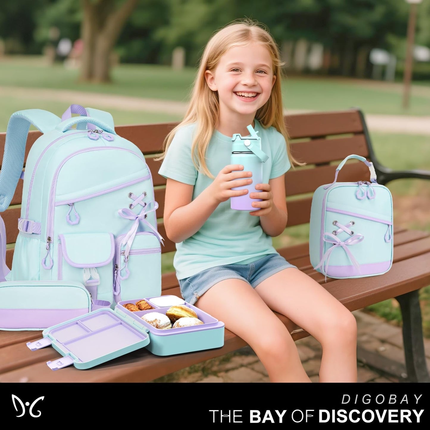 Girls Backpack Set 9PCS with Lunch Bag, Pencil Case, Bento Box & Water Bottle 8