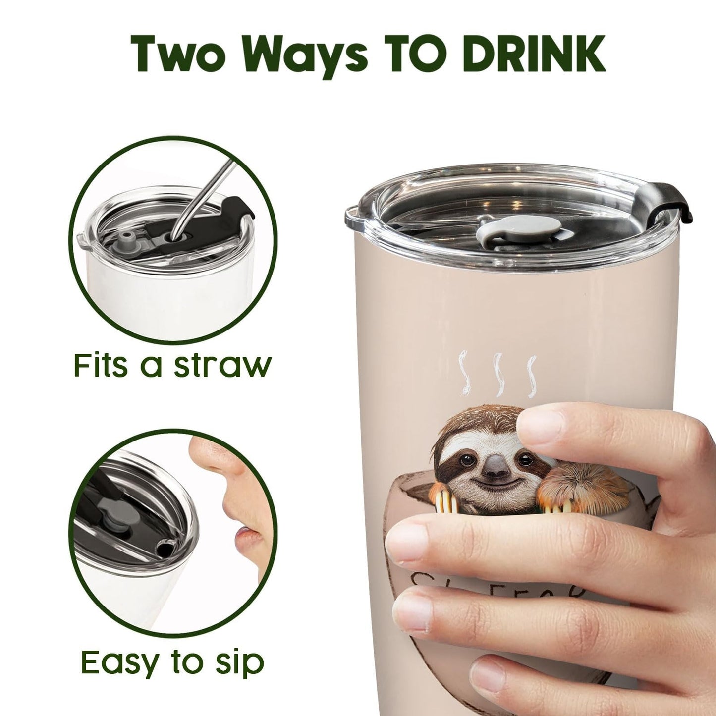 Cute Sloth 20oz Tumbler with Lid Insulated Travel Mug for Coffee & Tea, Perfec8