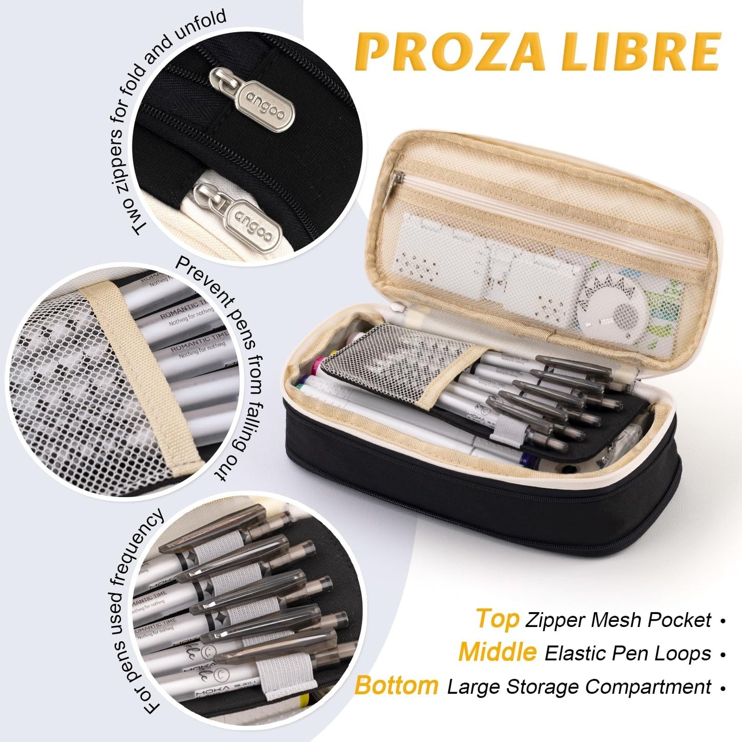 Large Capacity Pencil Case Office & School Storage Pouch, Organizer Bag, Black5