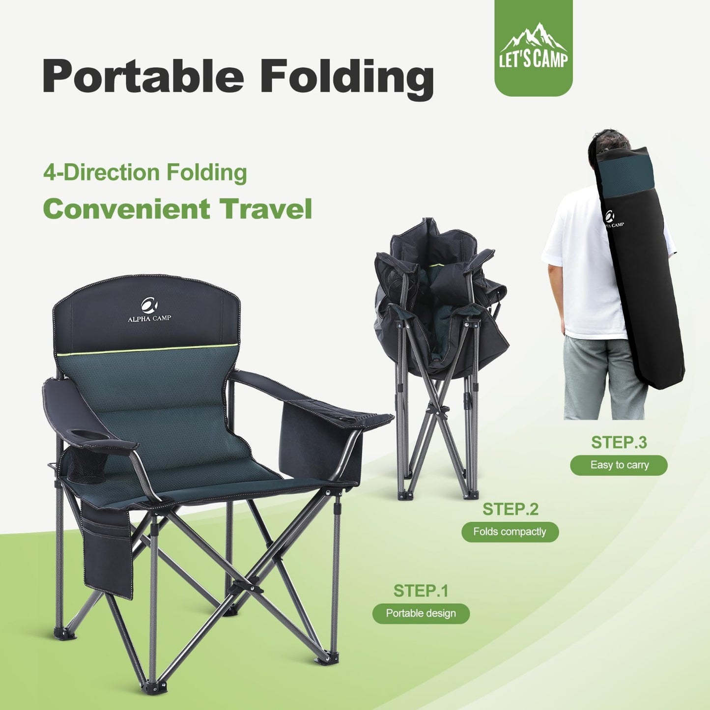 Oversized Portable Folding Camping Chair - Heavy Duty Padded, 450LBS Support, Cu8