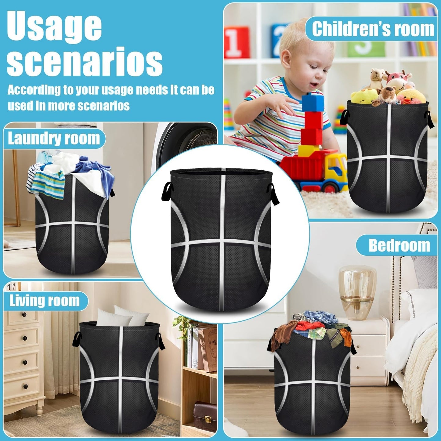 Collapsible Basketball Laundry Hamper - Oxford Cloth Storage Bin with Handle 15.6