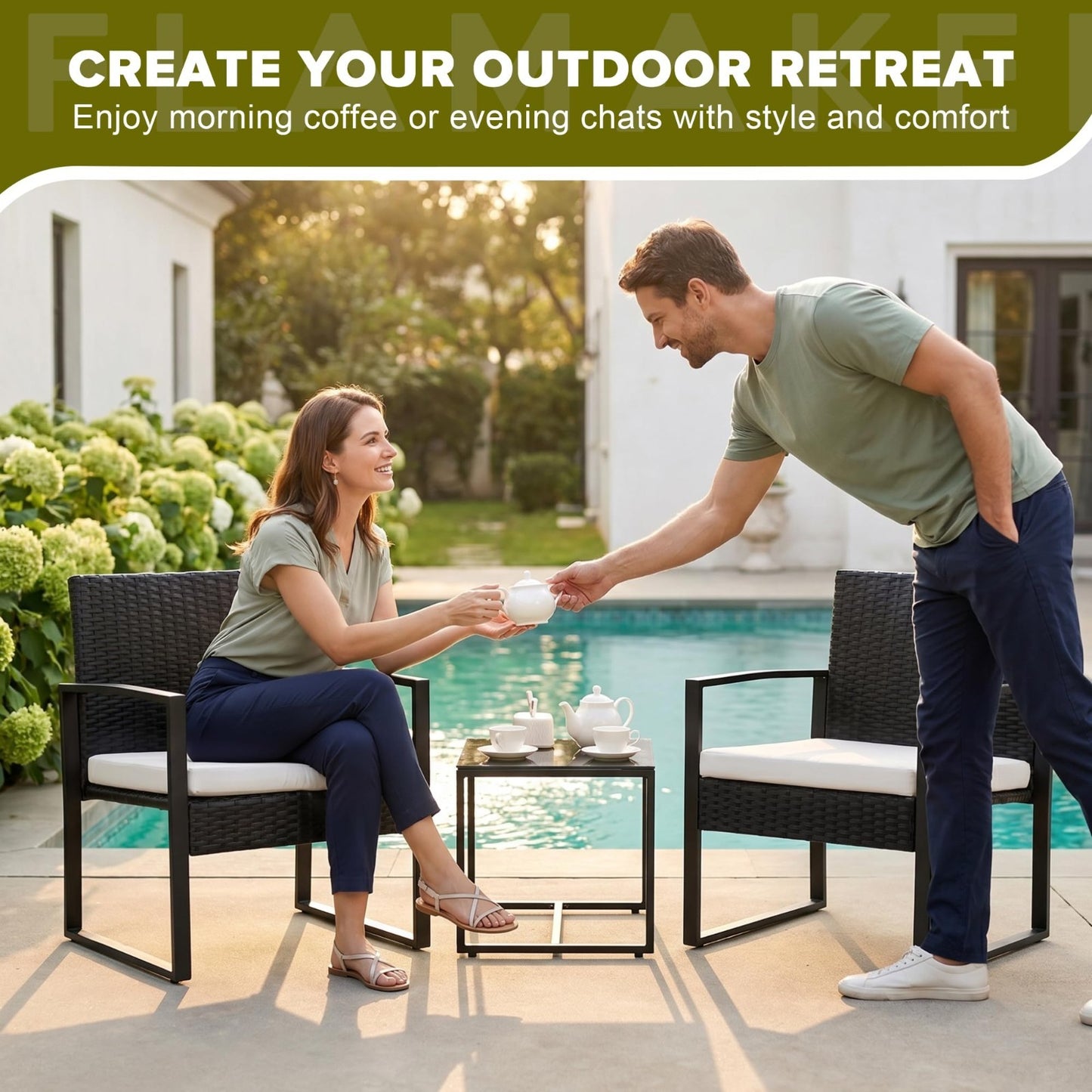 3 Piece Outdoor Wicker Patio Furniture Set | Modern Rattan Bistro Chairs & Table6