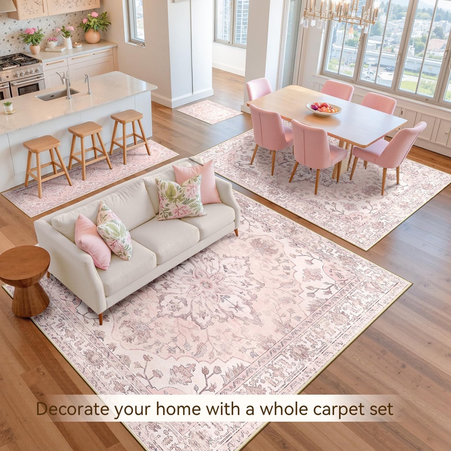 Washable 8'x10' Area Rug Pink Vintage Floral, Non Slip, Pet Friendly, Easy Cle8