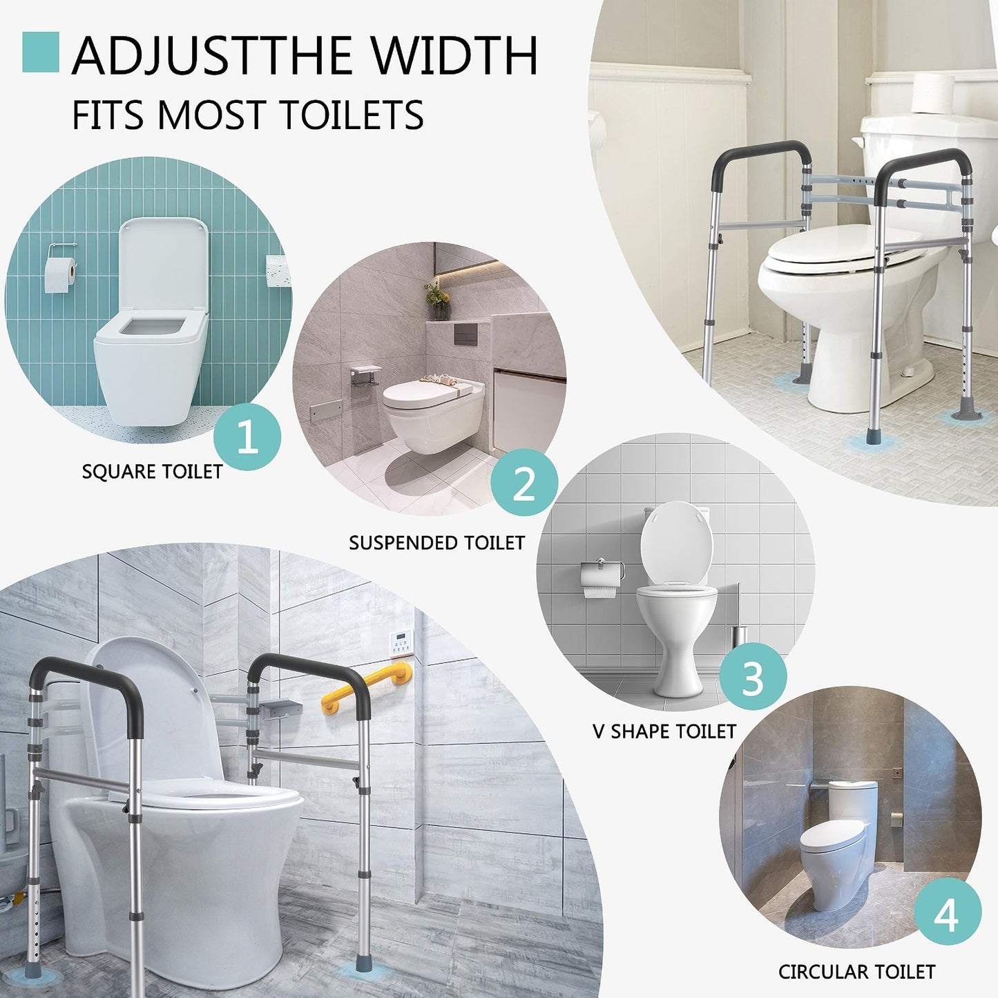 Toilet Safety Rails Adjustable Height & Width, Foldable Design, 350 lbs Capaci5