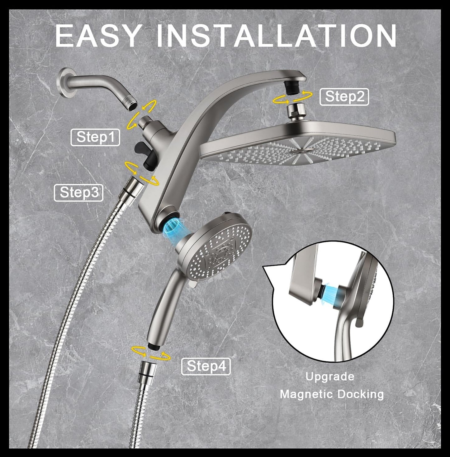 12" High Pressure Rain Shower Head & Handheld Combo, 9 Spray Settings, Magnetic7