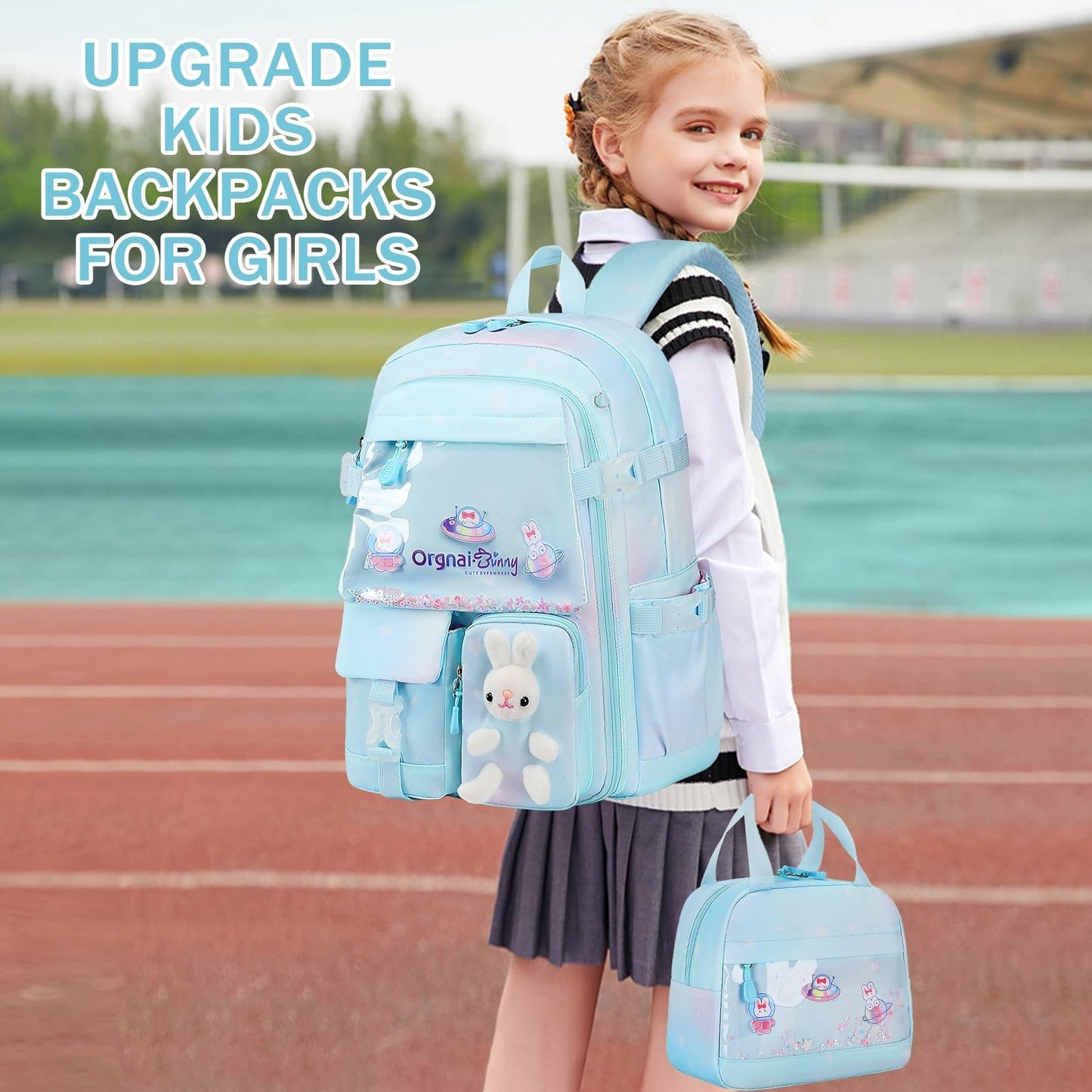 Kawaii Bunny Girls Backpack Set 3PCS School Bag, Lunch Box & Pencil Case, Drea5