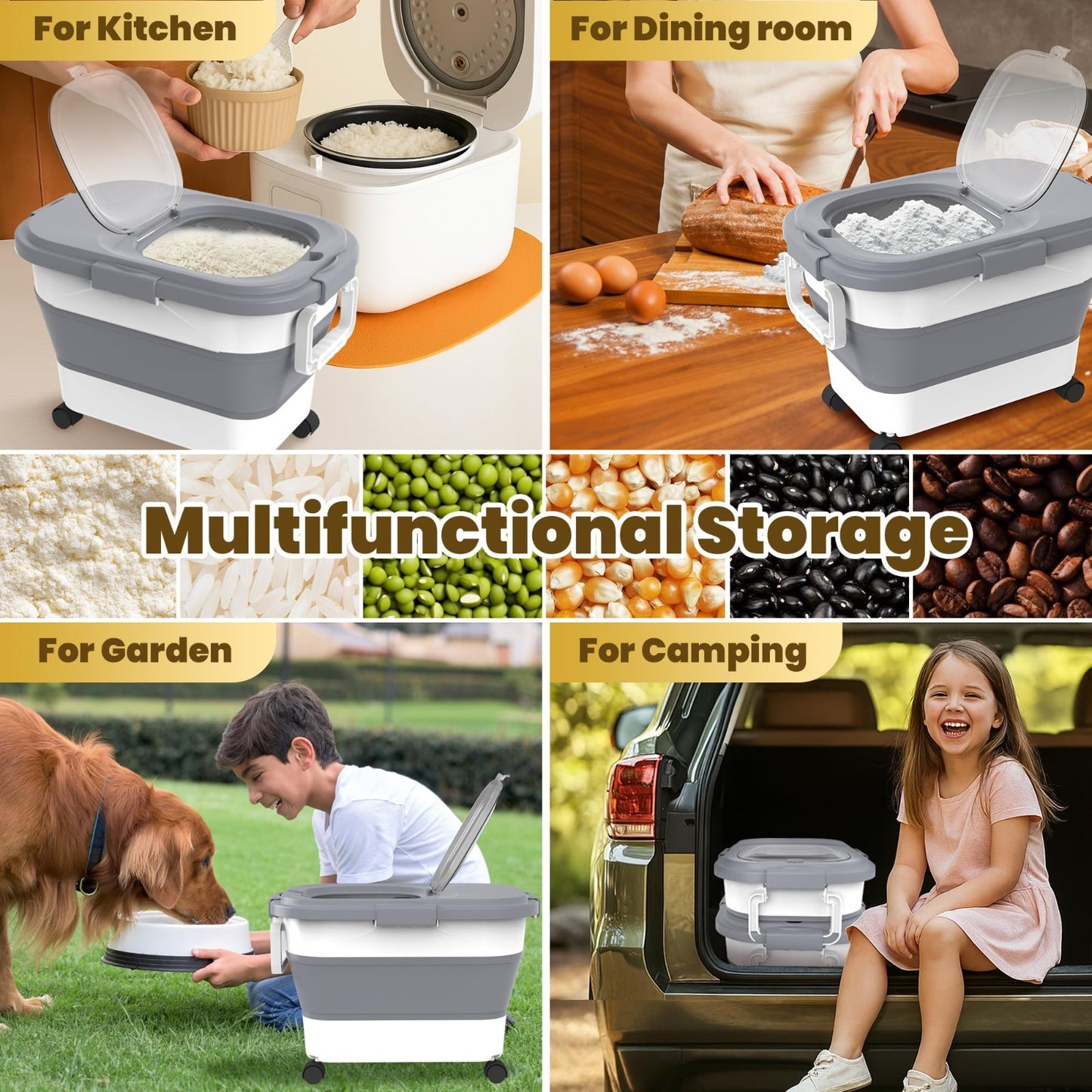 Collapsible Rice Container 20 30Lbs Airtight Food Storage Solution, Space Savi6