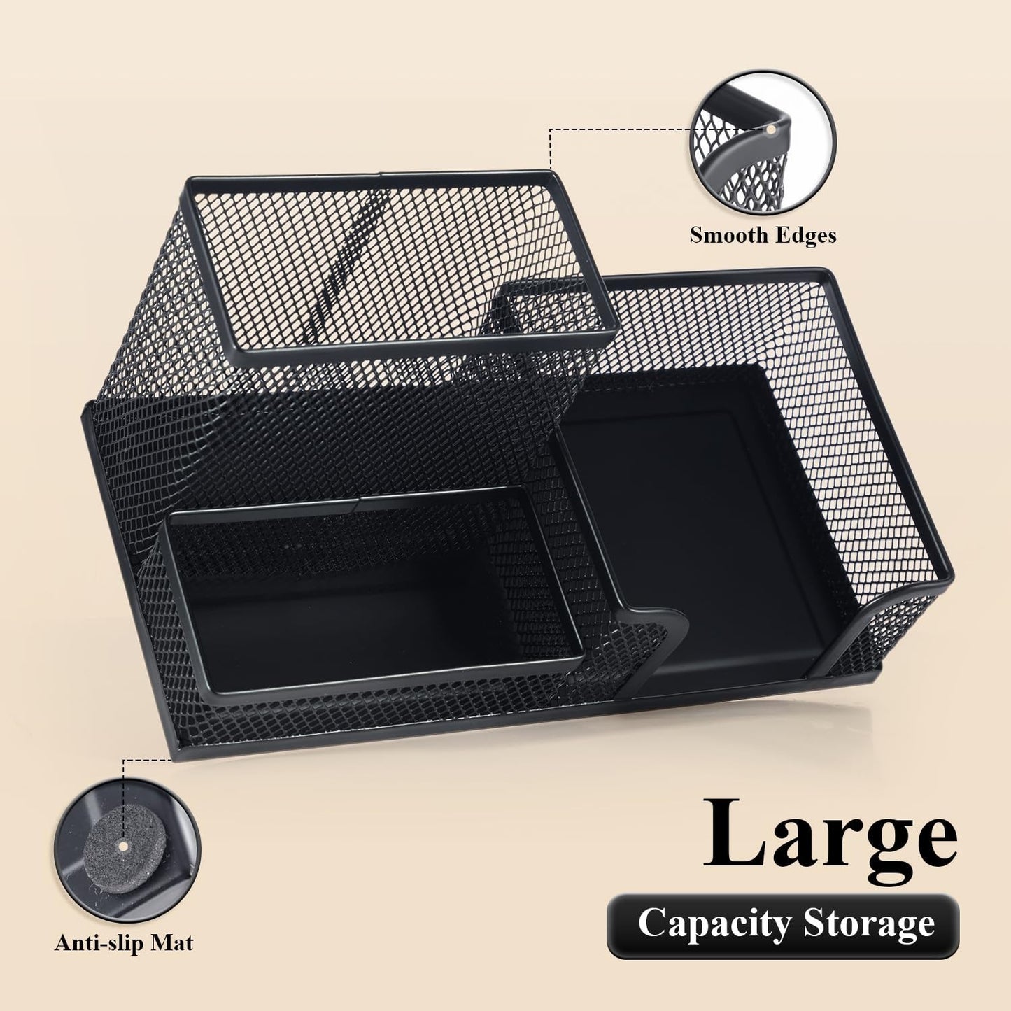 Mesh Pen Holder Desk Organizer 3 Compartment Metal Pencil Holder for Office &5