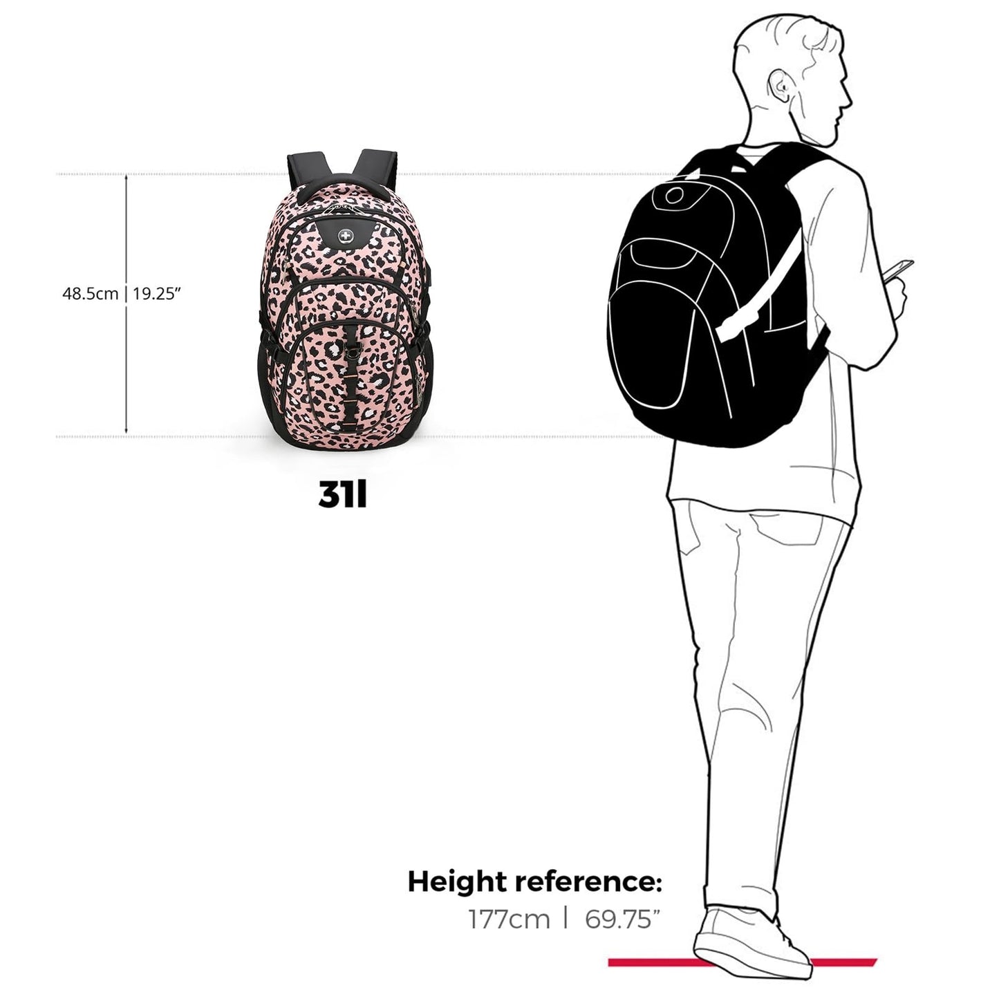 Stylish Pink Leopard Laptop Backpack with USB Charging Port, Fits 15.6" Laptops,7