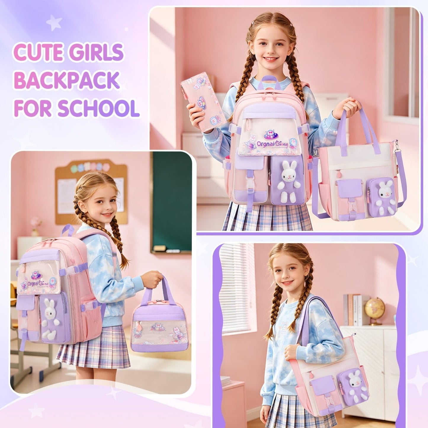 Kawaii Bunny Girls Backpack Set 4PCS School Bag, Tote, Lunch Box & Pencil Case7