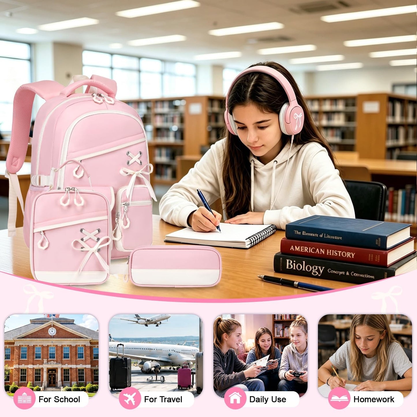 Stylish Girls Backpack with Wired Headphones, School Bag for Teens & Kids4