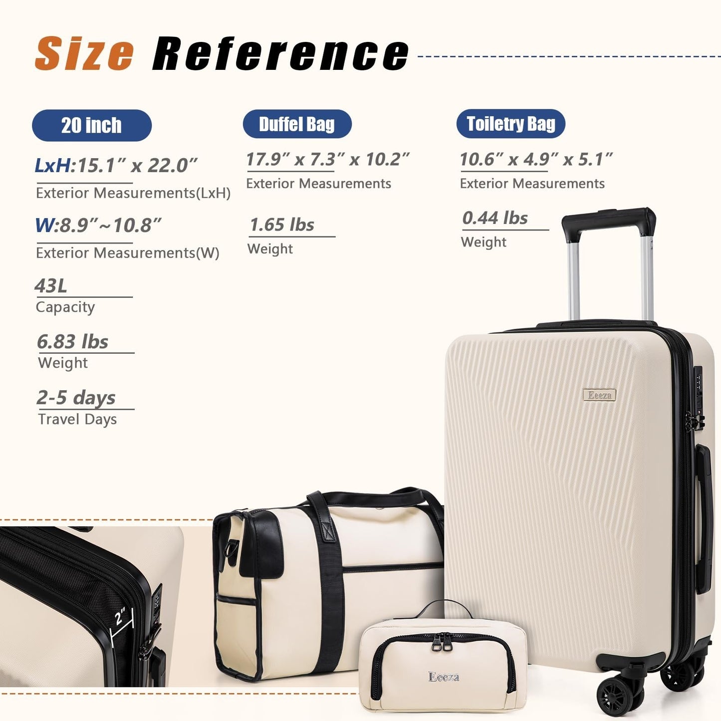 3-Piece Hardcase Carry-On Luggage Set - 20" Beige, Scratch Resistant, Spinner Wh8