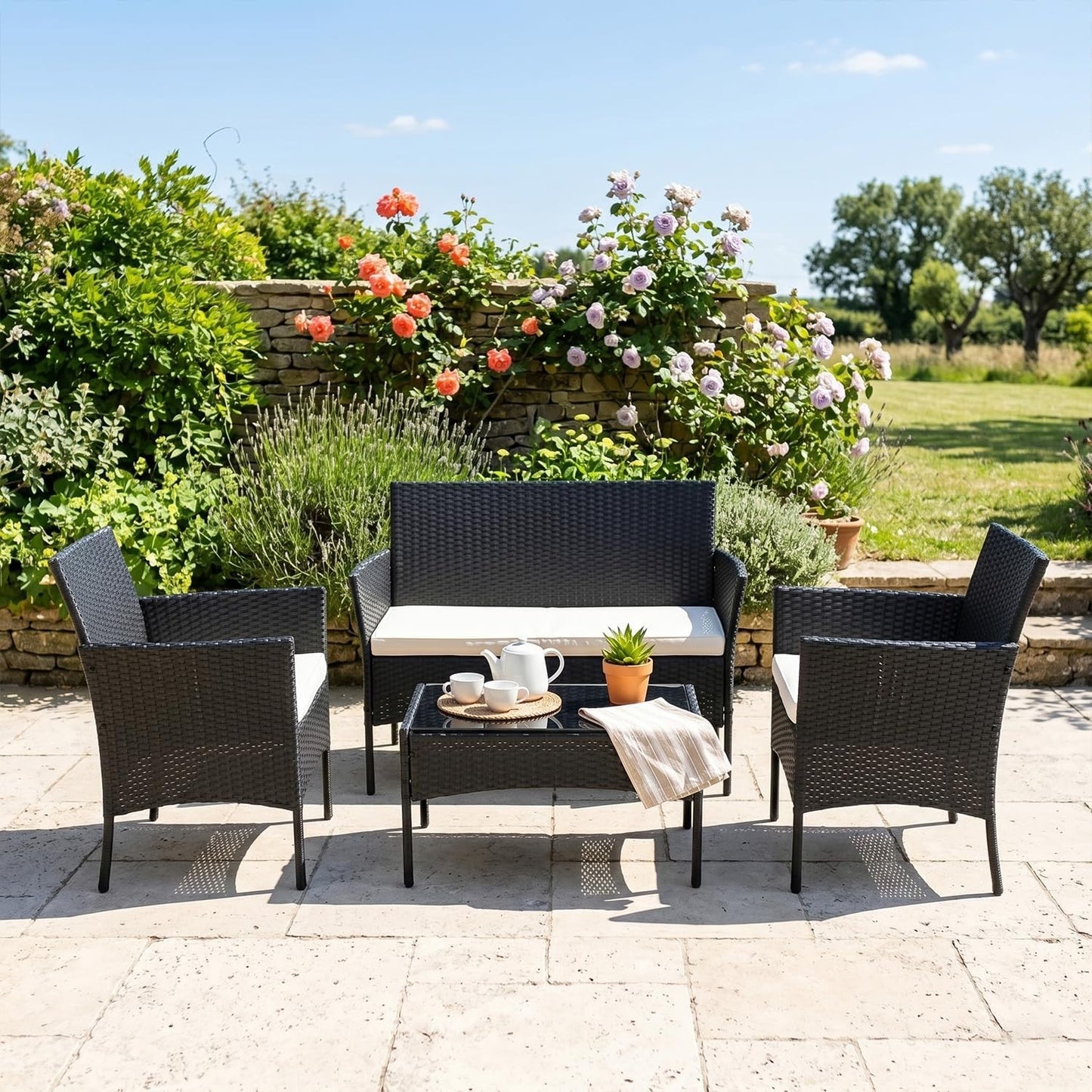 4 Piece Outdoor Wicker Patio Furniture Set | Modern Rattan Chairs & Coffee Table7