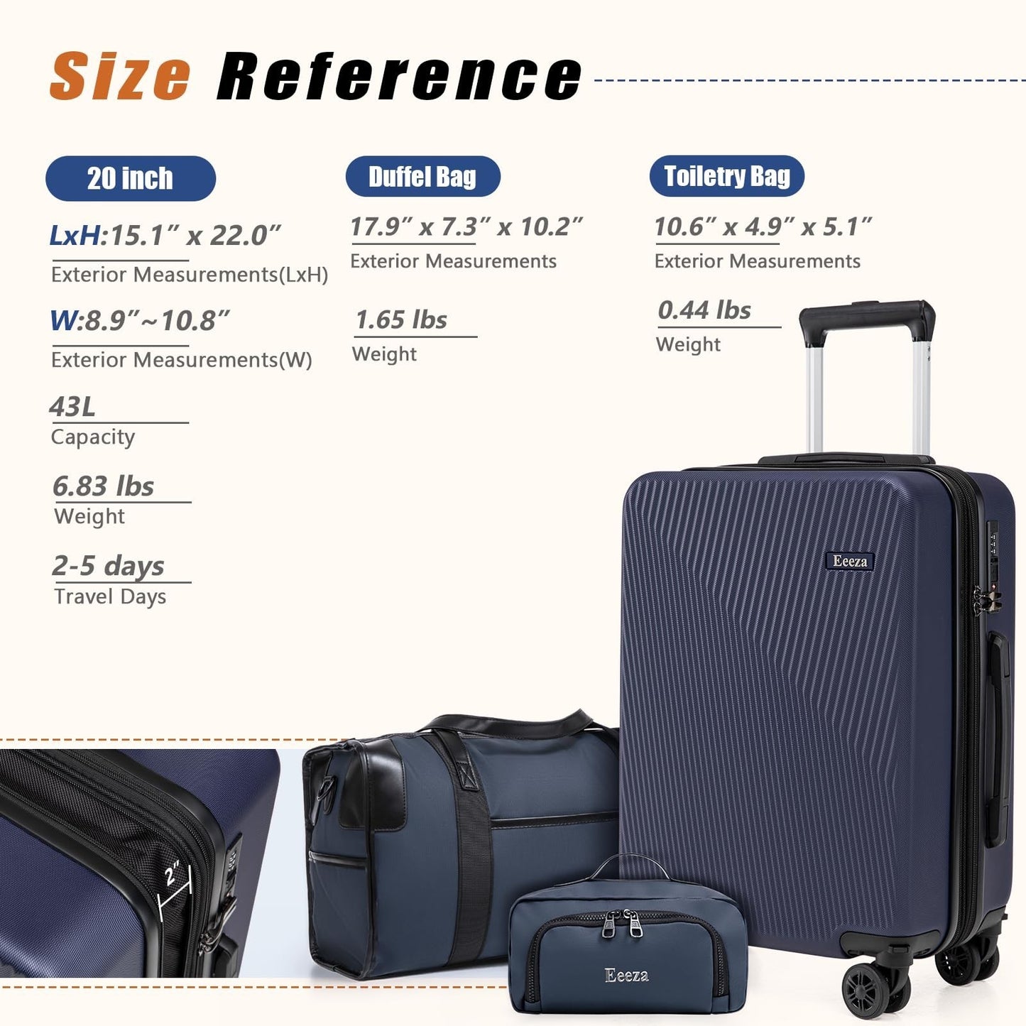 3-Piece Airline Approved Hardcase Luggage Set - 20" Deep Blue, Scratch Resistant8