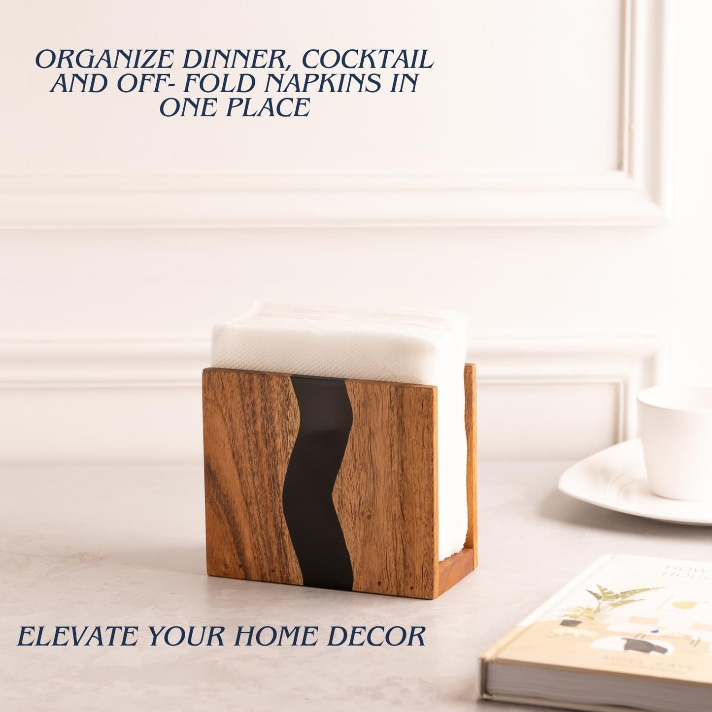 Rustic Acacia Wood & Epoxy Resin Napkin Holder - Farmhouse Table Organizer, 6x5x5