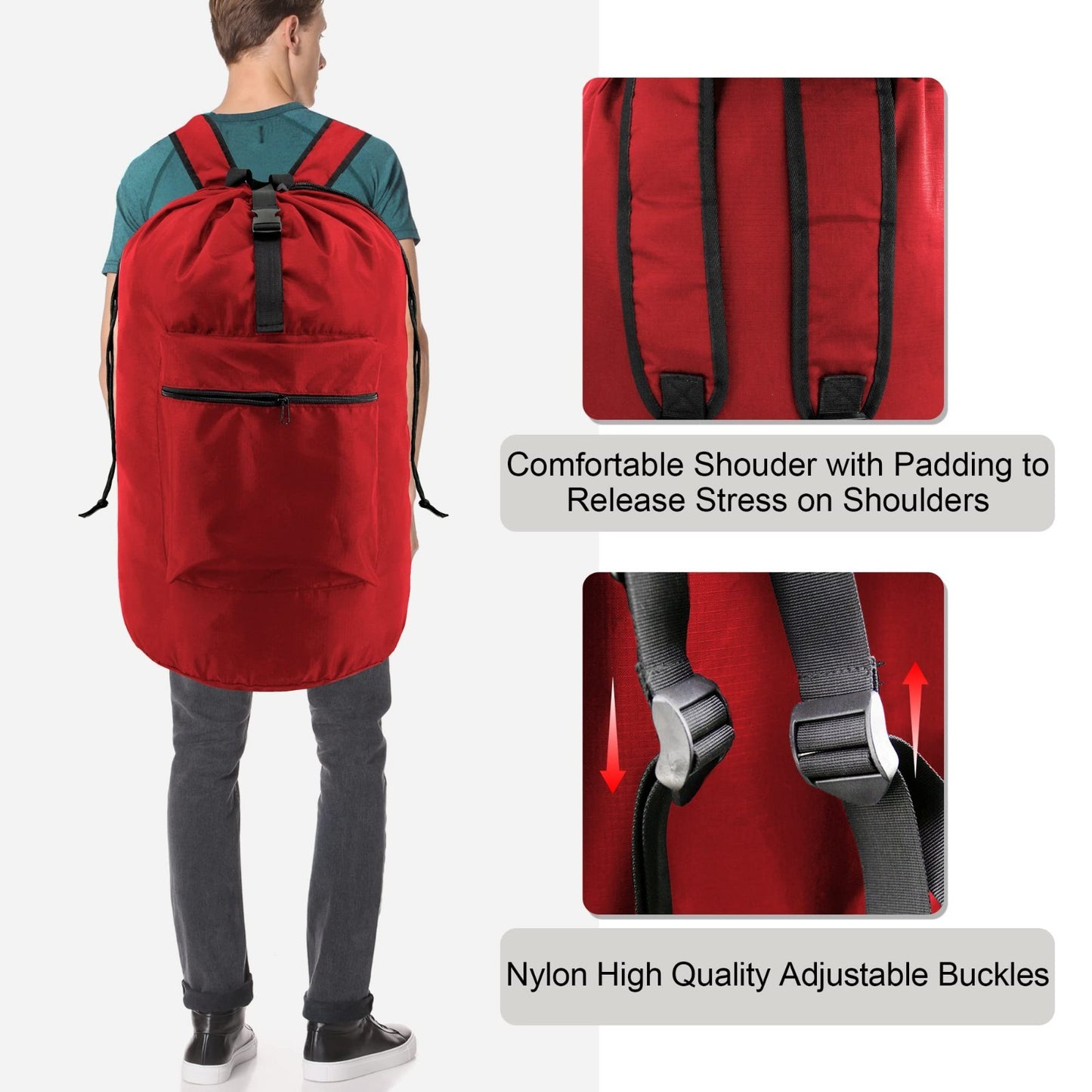 Extra Large Red Drawstring Laundry Backpack - Heavy Duty Portable Travel Bag for5