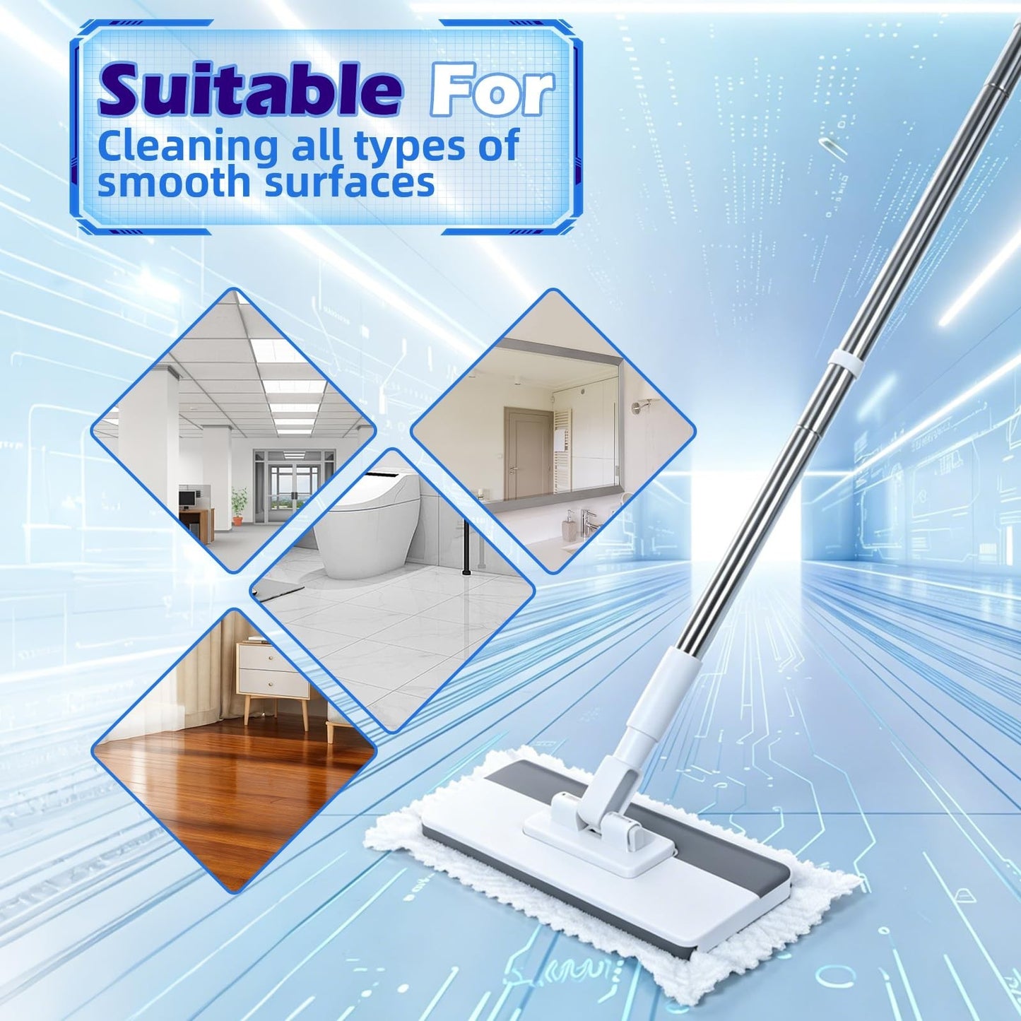 51" Hands-Free Flat Mop with Stainless Steel Handle - Snap Grip Design for Easy8