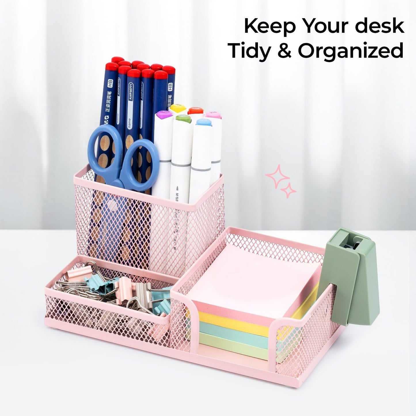 Pink Mesh Pen Holder 3 Compartment Desk Organizer with Sticky Notes Holder, Me6