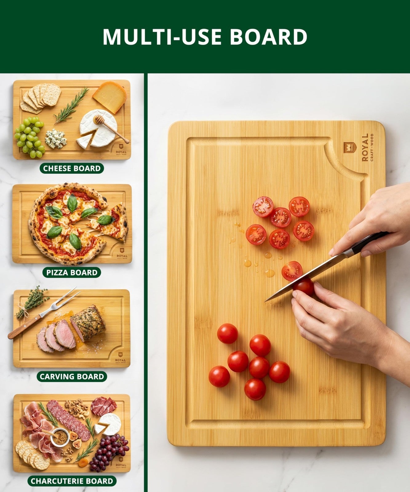 Wooden Cutting Boards Set Bamboo Kitchen Prep & Serving Board with Juice Groov8
