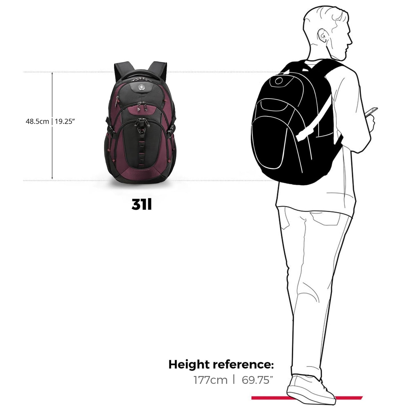 Stylish Travel Laptop Backpack with USB Charging, Fits 15.6" Computer, 31L, Red/8